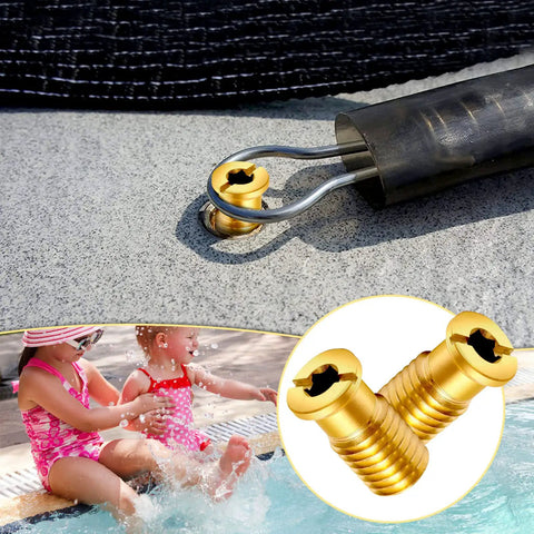 10 Piece Beefy Brass Pool Cover Anchors Screws Kit For Concrete Pools displayed in use with a safety cover, close-up view.