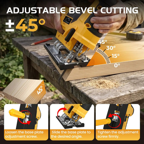Cordless Jigsaw With Brushless Motor, Barrel Grip cutting wood at 45-degree bevel with angle settings shown