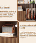 Mid Century Music Cabinet With Built In Outlets And Vinyl Record Storage Sturdy Guitar Stand holding three instruments and a speaker.
