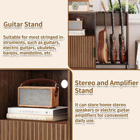 Mid Century Music Cabinet With Built In Outlets And Vinyl Record Storage Sturdy Guitar Stand holding three instruments and a speaker.