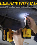 Wagan Onevolt 3-in-1 Cordless Electric Power Tool With Brushless Motor And 280 Ft-Lbs Torque For Tough Jobs illuminating a repair task with built-in LED light.