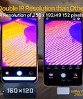 Close-up view of Pro Grade Infrared Thermal Camera For Android Type-C With Magnetic Macro Lens, showing thermal image on phone screen.