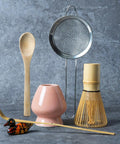 Pink Matcha Whisk Set With Chasen Holder And Ceramic Stand Includes Bamboo Scoop Fine Mesh Sifter And Tea Tools Displayed