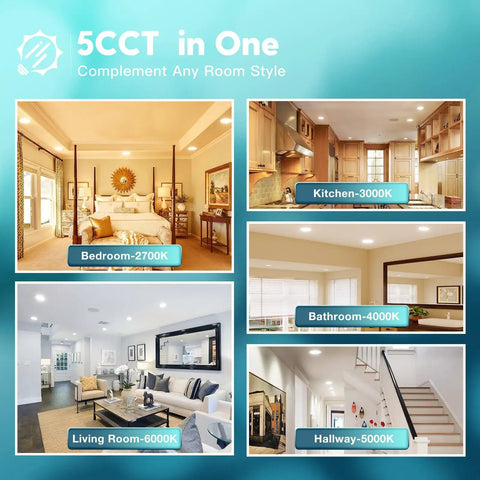 Image showing diverse room styles using 24 Pack 6 Inch Retrofit Led Recessed Can Lights With Super Bright Output And Zero Fuss Five Cct Switching For Smooth Ceiling Lighting Projects For Modern Home Decor And Fast Installation.
