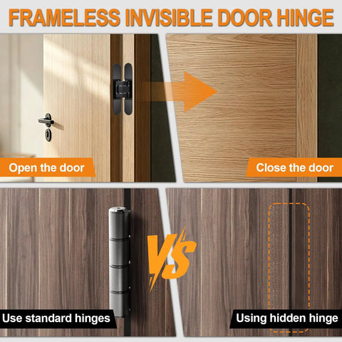 Dead Simple Slick Hidden Door Hinges Heavy Duty Zinc Alloy Concealed Hinge Brackets shown in operation, illustrating seamless door opening and closing.