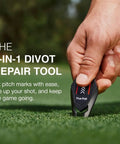 Person using 5 In 1 Divot Repair Tool With Ball Marker Alignment Aid For Golfers Fix Pitch Marks Rest Your Club Clean Grooves And Mark Your Spot On The Green All In One Black Golf Accessory For Men And Women On The Course on green grass