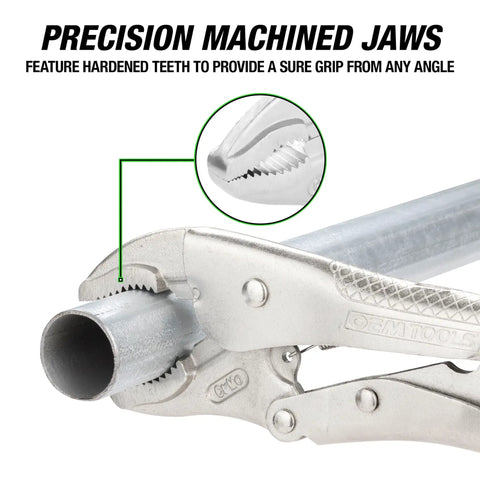 Close-up of precision machined jaws on a pliers gripping a pipe, part of Seven Piece Locking Pliers Set With Curved Jaw And Needle Nose Vise Grips For Every Grip And Clamp Job, Precision Machined Jaws, Heavy Duty Heat Treated Alloy Steel, Tough As Nails Build, Includes EVA Tray For Easy Storage.