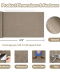 Dimensions and features of Taupe Metallic Grasscloth Peel And Stick Wallpaper Roll Featuring Faux Woven Texture With Subtle Shimmer.