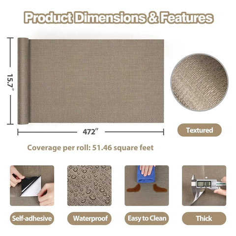 Dimensions and features of Taupe Metallic Grasscloth Peel And Stick Wallpaper Roll Featuring Faux Woven Texture With Subtle Shimmer.
