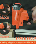 Close-up of Badass Pneumatic Staple Gun that Knocks Out 22 Gauge Fasteners with safety trigger for upholstery work.