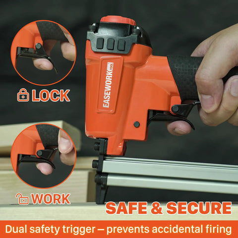 Close-up of Badass Pneumatic Staple Gun that Knocks Out 22 Gauge Fasteners with safety trigger for upholstery work.