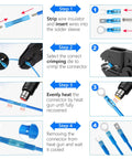 Kuject 320pcs heat-shrink wire connectors kit with blue insulated automotive terminals and step-by-step infographic