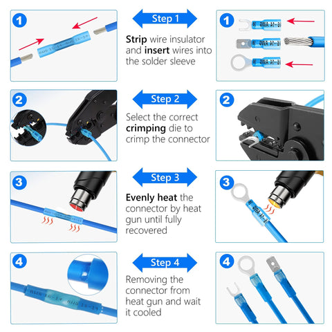 Kuject 320pcs heat-shrink wire connectors kit with blue insulated automotive terminals and step-by-step infographic
