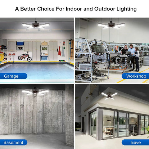 Infrared Sensor LED Garage Light 60W 480W Equivalent Deformable Ceiling Light illuminating different indoor spaces like garage and workshop