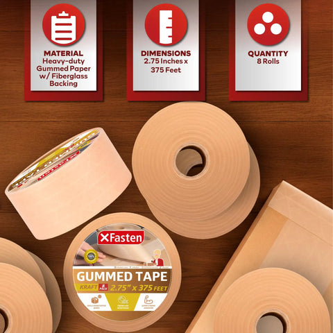 Water Activated Tape With Fiberglass Reinforced Backing For Extra Strength Brown Kraft Paper Packaging Roll Two Point Seven Five Inch By Three Hundred Seventy Five Feet Eight Pack Three Thousand Feet Total Gummed Paper Tape For Moving Boxes displayed on wooden surface.