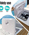 Rugged Abs Marine Deck Access Hatch 14 Inch Rectangle Boat Lid opened showing storage for boat equipment and accessories.