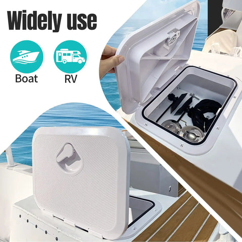 Rugged Abs Marine Deck Access Hatch 14 Inch Rectangle Boat Lid opened showing storage for boat equipment and accessories.
