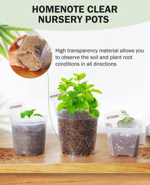 Clear 4 Inch Plant Pots With Drainage Holes, High Transparency Plastic Nursery Pots displaying seedlings and root growth