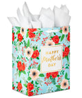 Extra Large Mothers Day Gift Bag With Tissue Paper In Bright Blue Featuring Red Roses And Green Foliage Perfect For Mom Grandma Nana Or New Mom Great For Electronics Or Small Appliances And Big Treats