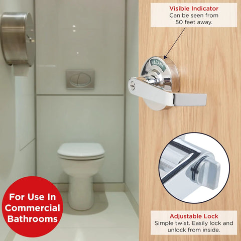 Chrome Commercial Door Handle And Bathroom Door Lock With Vacant Occupied Indicator For Public Restrooms In Industrial Buildings High Visibility Status For Busy Places And Staff Or Guests Easy Read Lock Status installed on restroom door showing visible indicator and adjustable lock.
