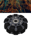 Uxsiya 100mm omni-directional robot wheel with center bearing; gray hub, black segmented tires, front view