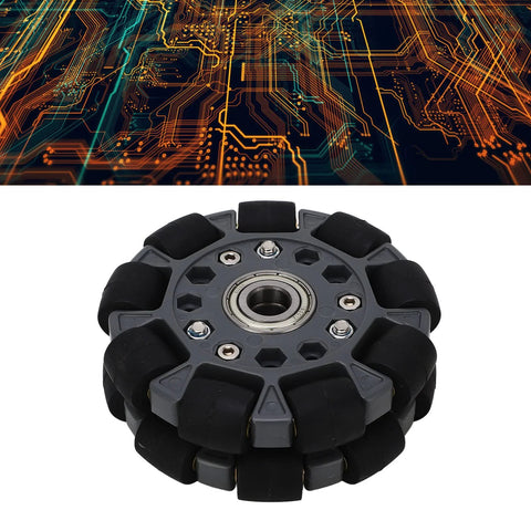 Uxsiya 100mm omni-directional robot wheel with center bearing; gray hub, black segmented tires, front view