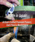 Close-up of razor sharp Japanese blade on bypass pruning shears, artisan-crafted, Made in Japan, pro grade garden scissors.