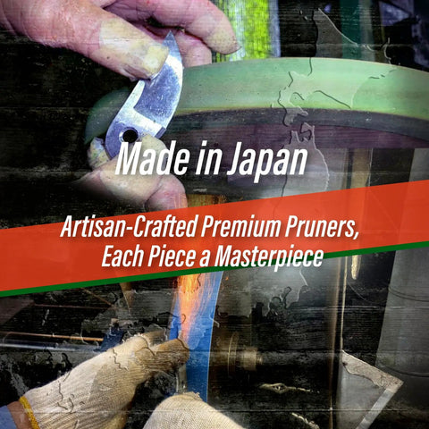 Close-up of razor sharp Japanese blade on bypass pruning shears, artisan-crafted, Made in Japan, pro grade garden scissors.