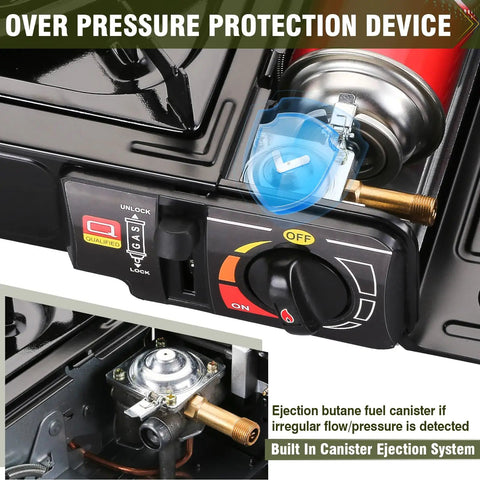 Dual Fuel Portable Camping Stove For Butane Or Propane Includes Adapter And Carrying Case No Fuss Single Burner control panel