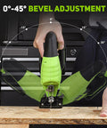 Top Shelf Badass 20V Cordless Jigsaw Kit Packed With Ten Durable Steel Blades And Smart Laser Edge Guide For Smooth No Sweat Cuts Across Hardwood Or Plywood Projects showing 0-45 degree bevel adjustment on workpiece.