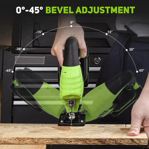 Top Shelf Badass 20V Cordless Jigsaw Kit Packed With Ten Durable Steel Blades And Smart Laser Edge Guide For Smooth No Sweat Cuts Across Hardwood Or Plywood Projects showing 0-45 degree bevel adjustment on workpiece.