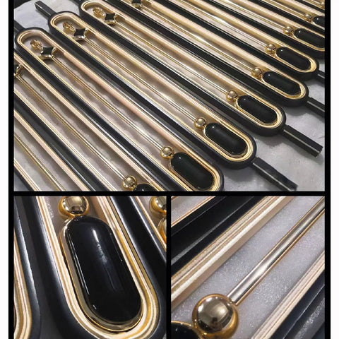 Built Tough Adjustable Stair Railing Spindles And Deck Balusters Made From Wrought Iron With Rust Proof Coating Great For Interior Steps Exterior Landings Featuring Flexible Mounting Brackets And Crisp Black Gold Modern Columns 10 Pack close-up of black and gold spindles with pre-drilled bases.