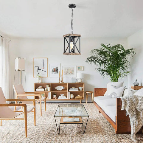Rustic Farmhouse Pendant Light With Adjustable Metal And Wood Chandelier Fixture for living space with beige decor and plants