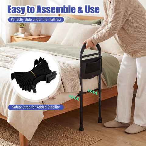 Person using Bed Rail Guard For Elderly Safety, Adjustable Height Bed Side Assist Bar With Non-Slip Handle, storage pocket, straps