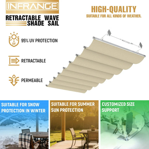 7' x 12' Retractable Wave Sun Shade Sail For Patio Porch Garden Backyard Beige Durable Breathable Polyethylene Fabric Blocks Intense Sun While Letting Breeze Through Easy Adjustable Outdoor Pergola Canopy Cover.