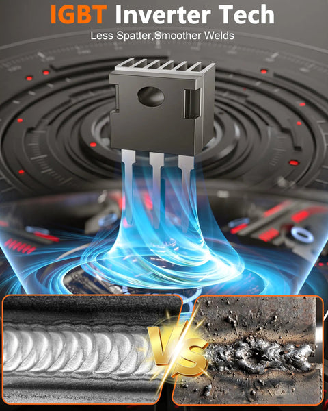 Portable 110V Welder For Home Shop And Auto Repair 20 To 120 Amp IGBT Inverter illustrated with smooth welds vs spatter comparison.