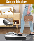 Automatic Shoe Cover Dispenser With Walk Through Overshoe Film Skip The Squat Hands Free Stainless Steel Blade Walk Thru Guard Fits US Size 11 For Home Lab Or Business Setting, user stepping in dispenser.