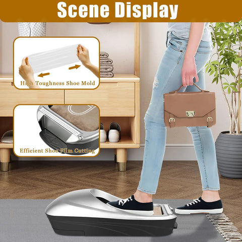 Automatic Shoe Cover Dispenser With Walk Through Overshoe Film Skip The Squat Hands Free Stainless Steel Blade Walk Thru Guard Fits US Size 11 For Home Lab Or Business Setting, user stepping in dispenser.