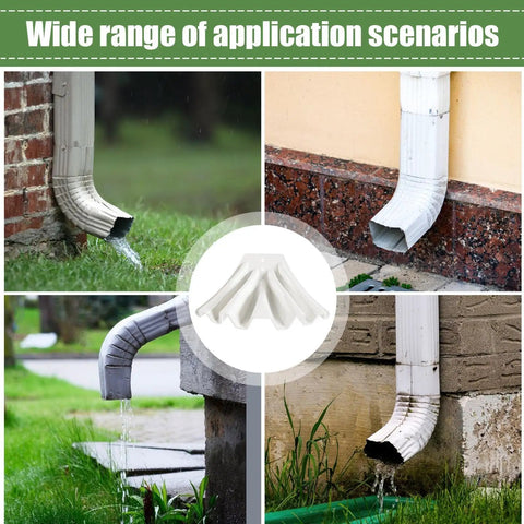 Heavy Duty Downspout Diverter Extension for Rain Drainage Keeps Foundations Dry and Yard Clean, shown in various installation views
