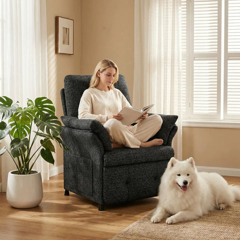 Woman reading on Power Recliner Chair With Heat And Massage, Linen Electric Recliner Sofa in dark grey with dog by her side.
