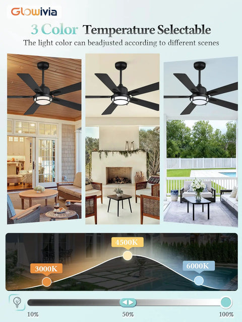 52 Inch Outdoor Ceiling Fan With Lights For Patio And Pergola IP65 Waterproof Gazebo Hanging Fan DC Motor 3CCT Display