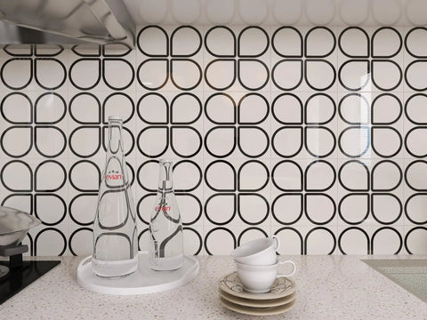 Kitchen backsplash with cream glossy white peel and stick tiles featuring floral modern design, 8x8 inch, faux ceramic self adhesive.