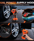 Tire Inflator Portable Air Compressor Cordless 21V Handheld Pump with Digital Pressure Gauge and Rechargeable Battery in use.