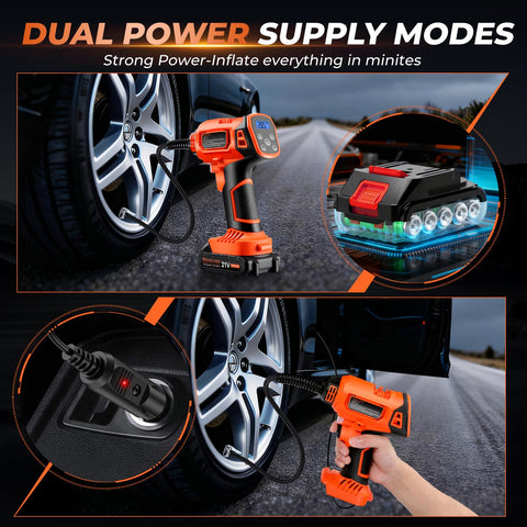 Tire Inflator Portable Air Compressor Cordless 21V Handheld Pump with Digital Pressure Gauge and Rechargeable Battery in use.