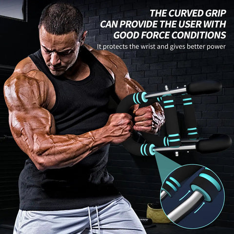 Muscular man using Twister Arm Trainer Pro For Men, Adjustable Chest And Arm Exerciser in gym setting