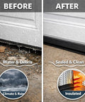 Comparison of a garage door before and after using All Weather Garage Door Seal Kit With Aluminum Track Retainer, heavy-duty rubber seal.
