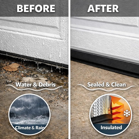 Before and after installation of Heavy Duty Garage Door Seal Kit With Rubber Bottom Seal Rodent Proof Steel Wool Aluminum Track