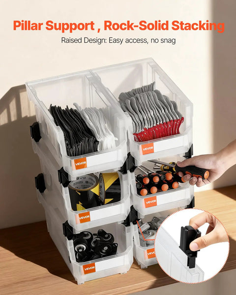 Clear Stackable Storage Bins 6 Pack, 14.8 By 8.5 By 7.1 Inches, Durable Plastic Containers used for organizing small parts