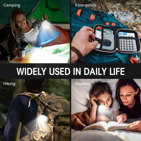 Rechargeable Mini Flashlights With Magnetic Base Twin Pack used for camping, emergency, hiking, and reading in different scenarios.