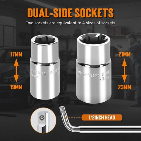 Image showing dual-side sockets with sizes 17/19mm and 21/23mm for Telescoping Lug Wrench Kit With 1/2 Drive And Dual End Sockets
